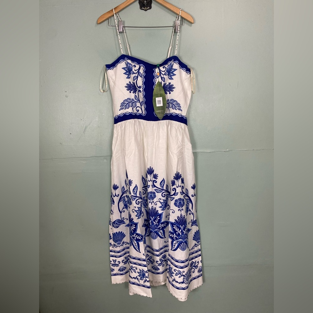FARM Rio Shell Garden Off White Sleeveless Midi Dress White Blue Floral Linen XL - Picture 2 of 7